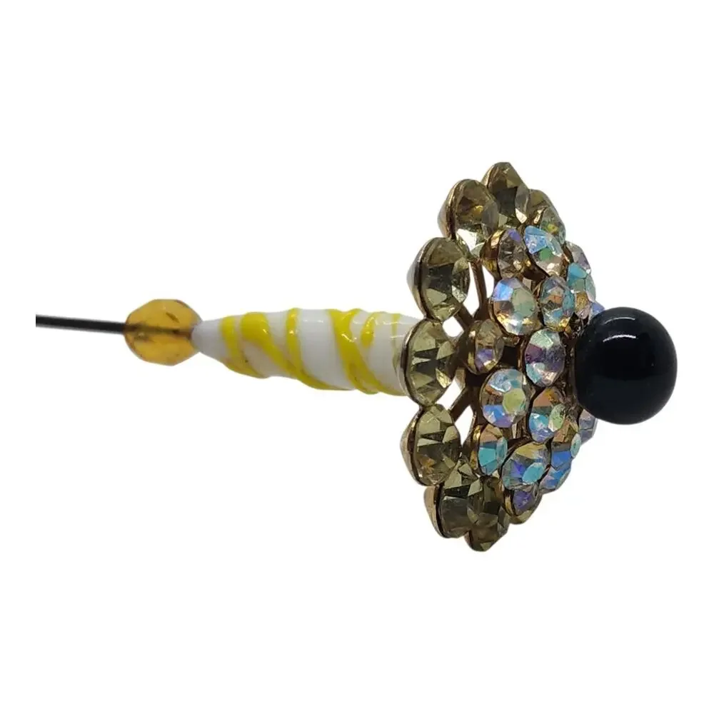 Vintage Rhinestone Stick Pin AB Crystal Black Bead Art Glass Hat Pin Estate